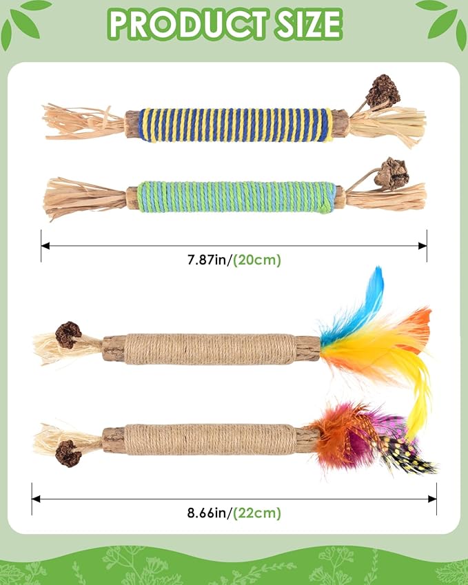 TINDTOP Catnip Chew Toys for Cats, 4 Pack Natural Silvervine Sticks for Kittens Teeth Cleaning, Matatabi Dental Care, Increase Appetite, Aggressive Chewers Cat Dental Toy-Mewly Pet
