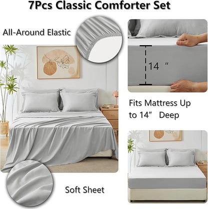 CozyLux King Size Comforter Set Light Grey - 7 Pieces Bed in a Bag King, Luxury Soft Bed Set for All Seasons, Bedding Set with Down Alternative Comforter, Sheets, Pillowcases & Shams