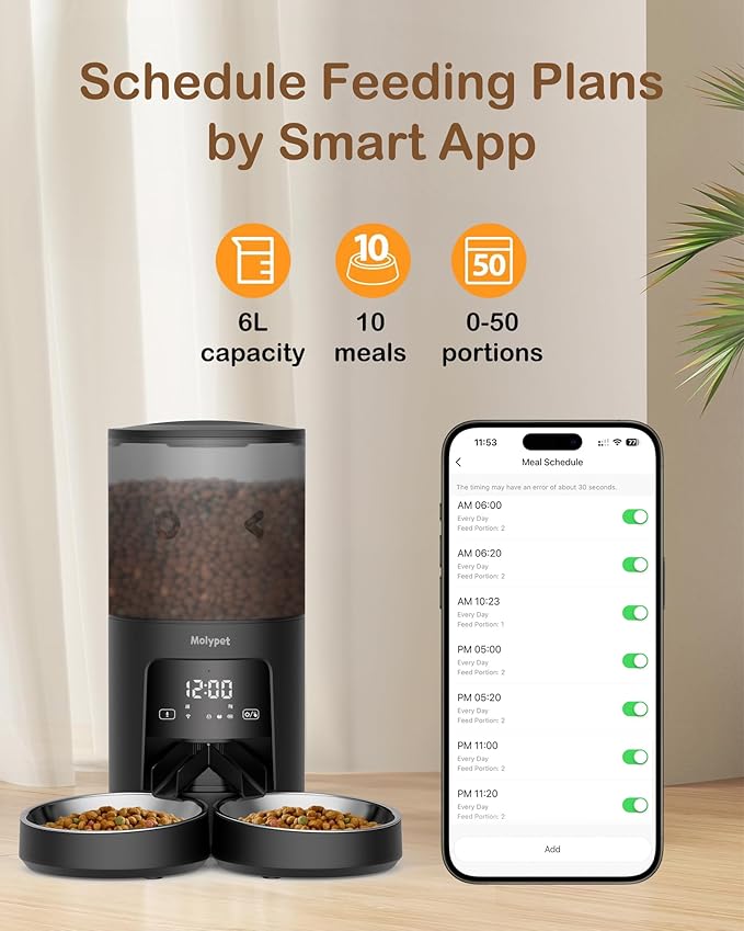 Automatic Cat Feeder 2 Cats - 5G WiFi Pet Feeder with APP Control, 6L Dry Food Dog Feeder with Blockage Alarms, 1-10 Meals Per Day-Mewly Pet