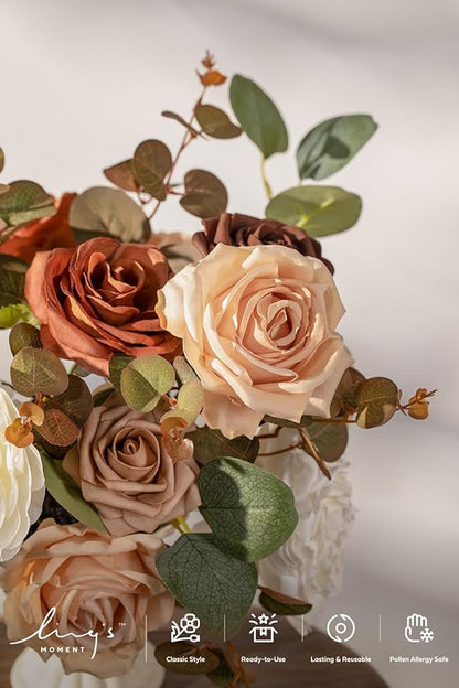 Ling's moment Artificial Flowers Fake Silk Peonies Faux Foam Roses Combo for DIY Wedding Bouquets Centerpieces Arrangements Bridal Shower Party Home Decorations, Dried Flower & Orange, 19pcs