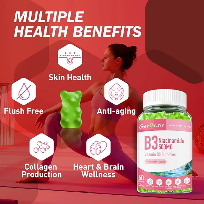 Niacinamide 500mg Gummies, Chewable Vitamin B3 Supplement with Resveratrol 500mg, High Potency Niacin for Antioxidant, Skin & Brain Health, Immune Support, Vegan Apple Flavor, 60 Count-Mewly Pet