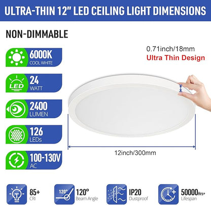 SunRider 4-Pack LED Flush Mount Ceiling Light Fixture, 6000K Cool White, 2400LM, 12 Inch 24W Modern White Round Flat Lamp, 240W Equiv. Non-Dimmable