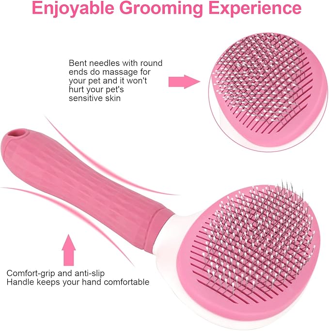 Depets Self Cleaning Slicker Brush, Dog Cat Bunny Pet Grooming Shedding Brush - Easy to Remove Loose Undercoat, Pet Massaging Tool Suitable for Pets with Long or Short Hair Pink-Mewly Pet