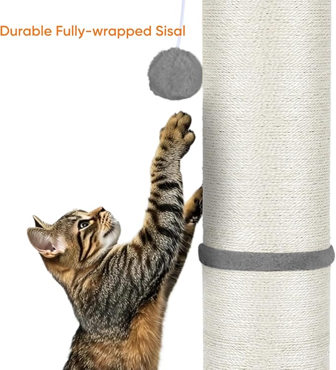 PAWSCRAT Cat Scratching Post 32" Tall, Large Diameter Natural Sisal Cat Scratch Post with Dangling Ball, Scratch-Resistant and Durable for Indoor Cats, Protect Your Furniture, LightGrey-Mewly Pet