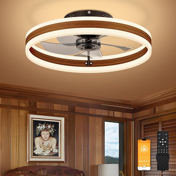 VOLISUN Low Profile Ceiling Fans with Lights and Remote, 19.7in Farmhouse Ceiling Fans with Light Flush Mount, 3000K-6500K Dimmable Fandelier LED Fan Light, Bladeless Ceiling Fans for Bedroom