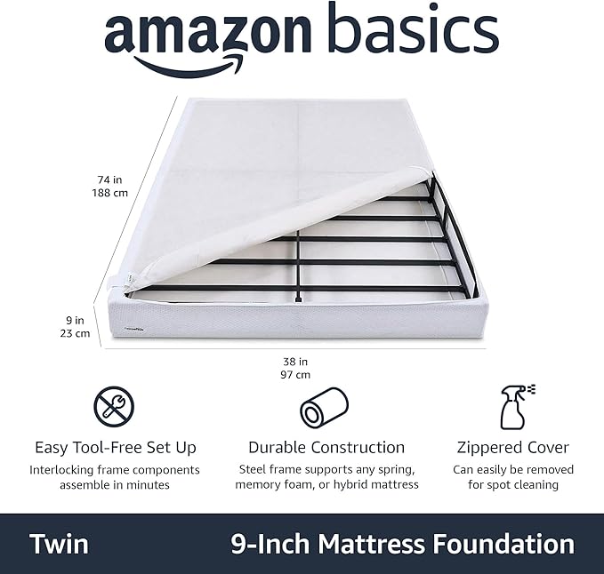 Amazon Basics Smart Box Spring Bed Base, 9-Inch Height Mattress Foundation, Tool-Free Easy Assembly, Twin, 74"L x 38"W x 9"H, White