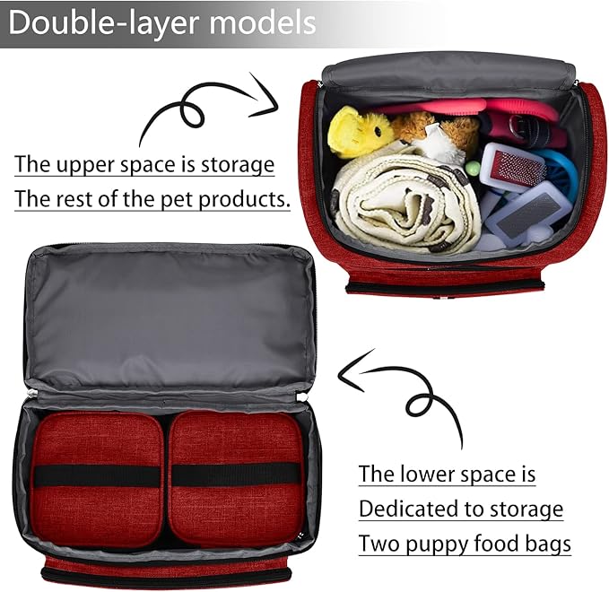 BAGLHER Pet Travel Bag, Double-Layer Pet Supplies Backpack (for All Pet Travel Supplies), Pet Travel Backpack with 2 Silicone Collapsible Bowls and 2 Food Baskets Red-Mewly Pet