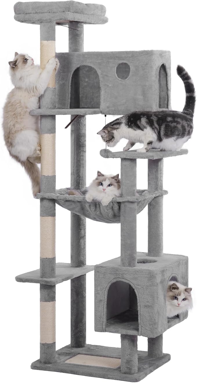 72” Cat Tree for Large Cats Big Cat Tower with Enlarged Hammock 21.6x17.7” Spacious Cats Condo House and Roomy Top Bed and Multiple Scratch Posts for Indoor Adult Cats (Grey, XLarge-72)-Mewly Pet