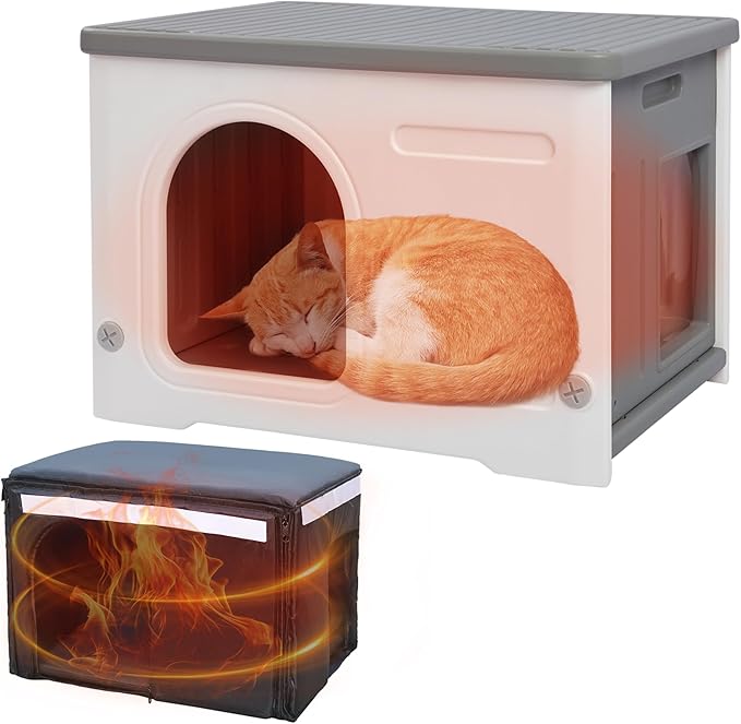 Rockever Plastic Outdoor Indoor Cat House with Insulated Liner, 100% Insulated Feral Cat House for Winter, Waterproof Cat Houses for Outdoor Cats, Spacious, Assemble Easily-Grey-Mewly Pet