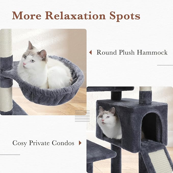PAWZ Road Cat Tree, 60 Inches Cat Tower with Dual Condos, Spacious Perch, Cozy Basket and Sisal-Covered Scratching Posts for Indoor Cats- Dark Gray-Mewly Pet