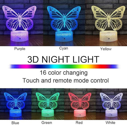 Butterfly Night Light, Birthday Gift for Girls 3D Illusion Lamp Kids Bedside Lamp with 16 Colors Changing Remote Control Butterfly Toys Girls Gifts