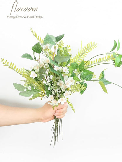 Floroom Artificial Greenery Stems Box Set, 35pcs with 5 Kinds of Faux Greenery Flowers Picks for DIY Bridal Bouquets Wedding Floral Arrangement Table Centerpieces, Light Green & White