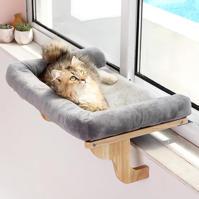 Cat Perch for Window Sill with Bolster - Orthopedic Hammock Design with Premium Hardwood & Robust Metal Frame - Cat Window Seat for Large Cats and Kittens - Natural Color Wood with Gray Bed-Mewly Pet
