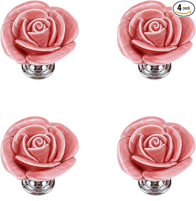 4pcs Peach Rose Flower Ceramic Knobs Cabinet Drawer Knobs Rose Door Pull Handles Dresser Knobs