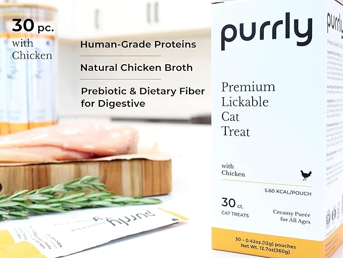 Purrly Lickable Wet Cat Treats Creamy Purée Human-Grade Chicken Breast with Prebiotic and Dietary Fiber for Digestive Health (30 Count) Non-Seafood Non-GMO No-Grains No-Artificial-Additives All Ages-Mewly Pet