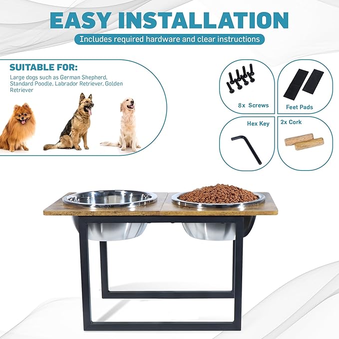 Elevated Dog Bowls for Large & Extra Large Breed Dogs - Raised Dog Feeding Station with Two Stainless Steel Bowls - Helps to Reduce Strain on Dog’s Neck & Joints - 3500 ML Capacity-Mewly Pet