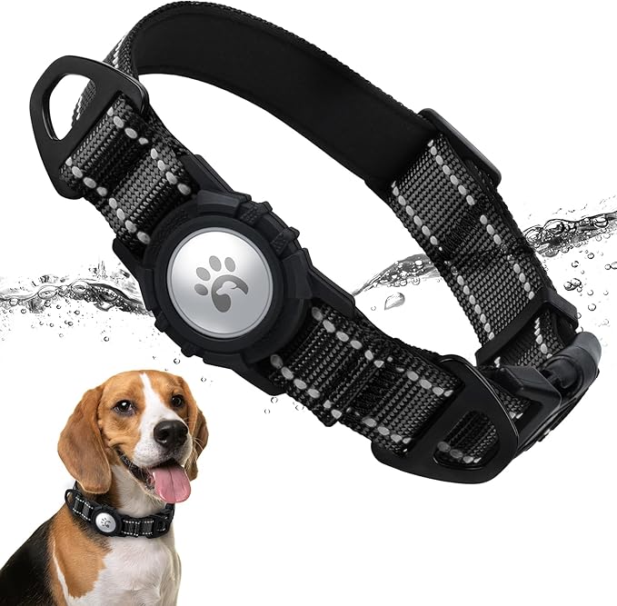 TagME Airtag Dog Collar,Waterproof Reflective Pet Collar with Airtag Holder,Soft Padded and Double D-Rings for Medium Dogs,Black-Mewly Pet