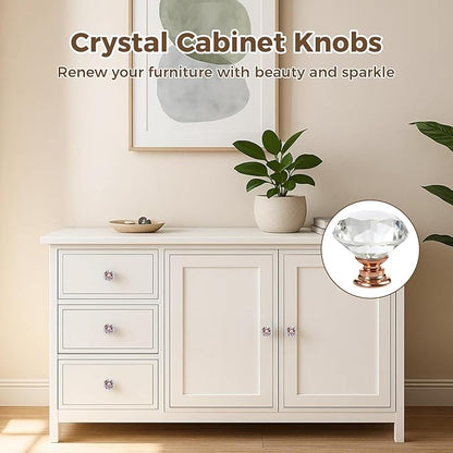 DEELF 12 Packs Kitchen Cabinet Knobs, 40 mm Crystal Cabinet Knobs, Diamond Dresser Handle Drawer Pulls, Dresser Knobs for Cabinets and Drawers, Rose Gold Base