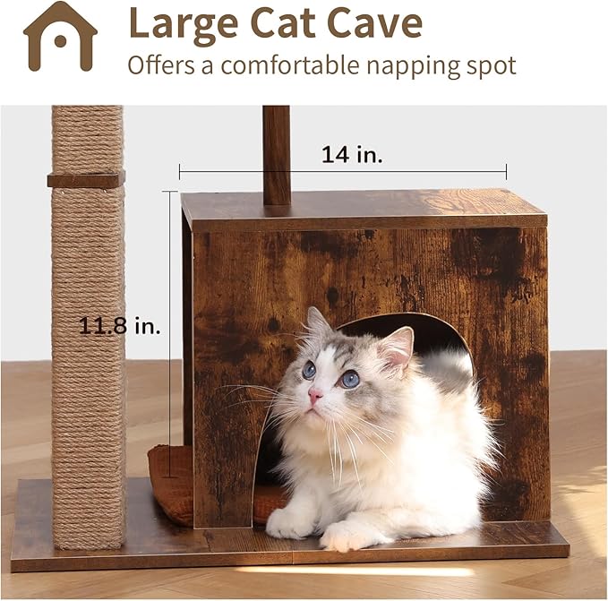 FUKUMARU Cat Scratching Post, Modern Style Cat Tree with Unique Square Post, Wooden Cat Tower with silvervine Balls, Retro Cat Condo Scratcher for Indoor Cats（Solid Wood）-Mewly Pet