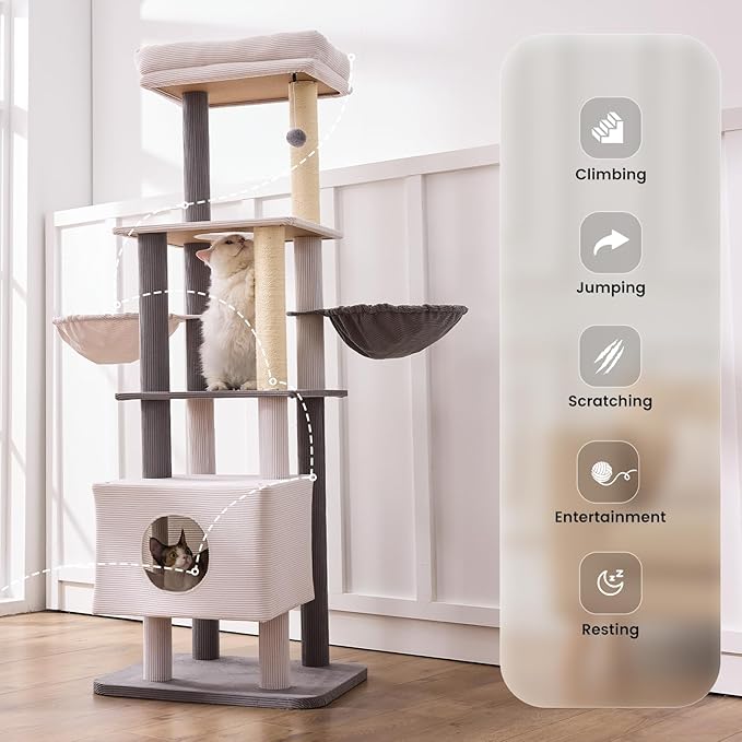 Gardner Pet 65in Heavy Duty Cat Tree Tower for Large Cats, Multi-Level Cat Furniture with Replaceable Sisal Scratching Post, Hammock | Extra-Large Platform & Condo Easy to Clean (Corduroy)-Mewly Pet