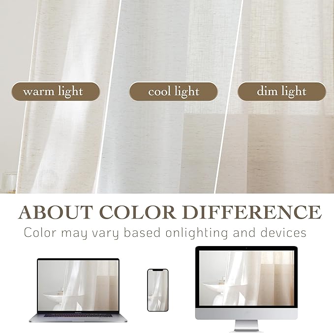 RYB HOME Sheer Curtains 84 inches Long Linen Blend Light & Airy Vertical Translucent Panels for Bedroom Living Room Office, Rod Pocket & Back Tab, W52 x L84, Ivory, 2 Panels