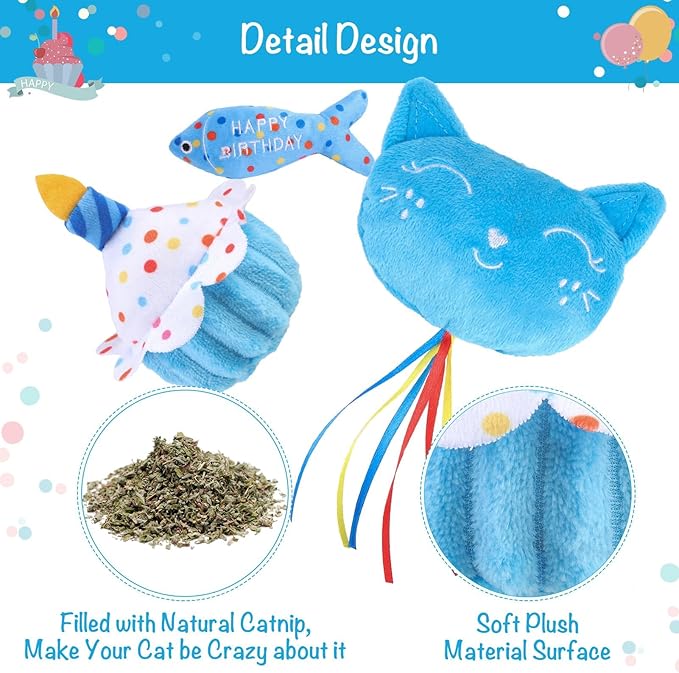 BINGPET Cat Birthday Catnip Toys for Indoor Cats,Cat Birthday Hat,Bandana and Cat Birthday Cake Interactive Plush Kitten Chew Toys,Cute Fish,Balloon Toys with Crinkle Paper and Catnip Inside(Sky Blue)-Mewly Pet