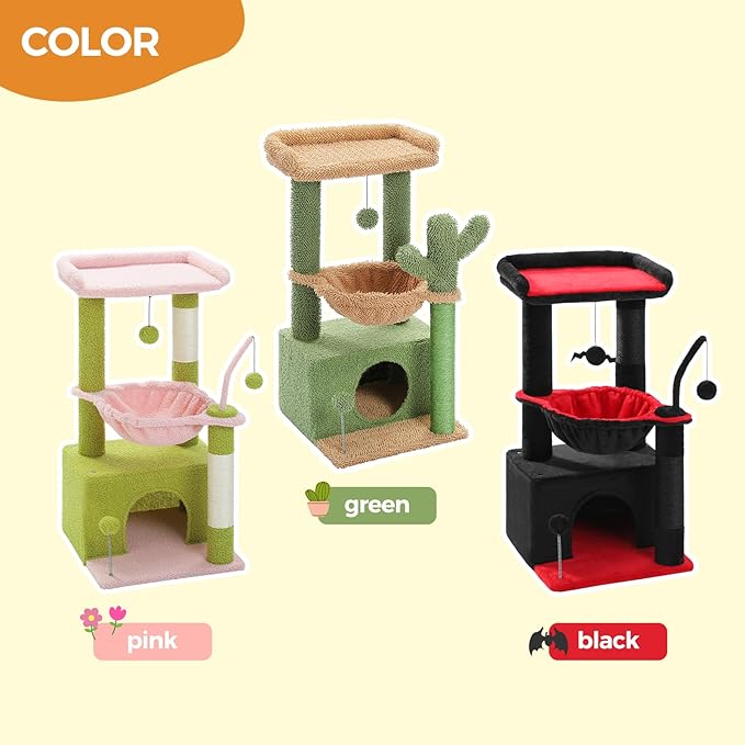 PEQULTI 4-in-1 Multi-Level Cat Tower, 33'' Pink Cat Tree for Indoor Cats with Large Condo, Scratching Post for Cats with Deep Hammock& Cozy Top Perch-Mewly Pet