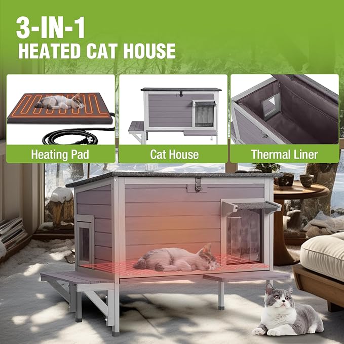 GUTINNEEN Heated Cat House Outdoor Cat House Insulated Weatherproof Feral Cat Shelter with Heated Pad and All-Round Thermal Liner for 1-3 Cats (Winter-Ready)-Mewly Pet
