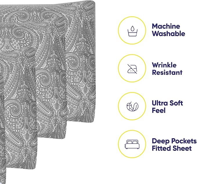 Cal King Size Bed Sheets - 6 Piece 1500 Supreme Collection Fine Brushed Microfiber Deep Pocket California King Sheet Set Bedding - 2 Extra Pillow Cases, Great Value, California King, Paisley Gray