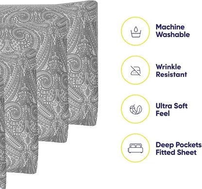 Queen Sheets Paisley Grey - 6 Piece 1500 Supreme Collection Fine Brushed Microfiber Deep Pocket Queen Sheet Set Bedding - 2 Extra Pillow Cases, Great Value, Queen, Paisley Gray