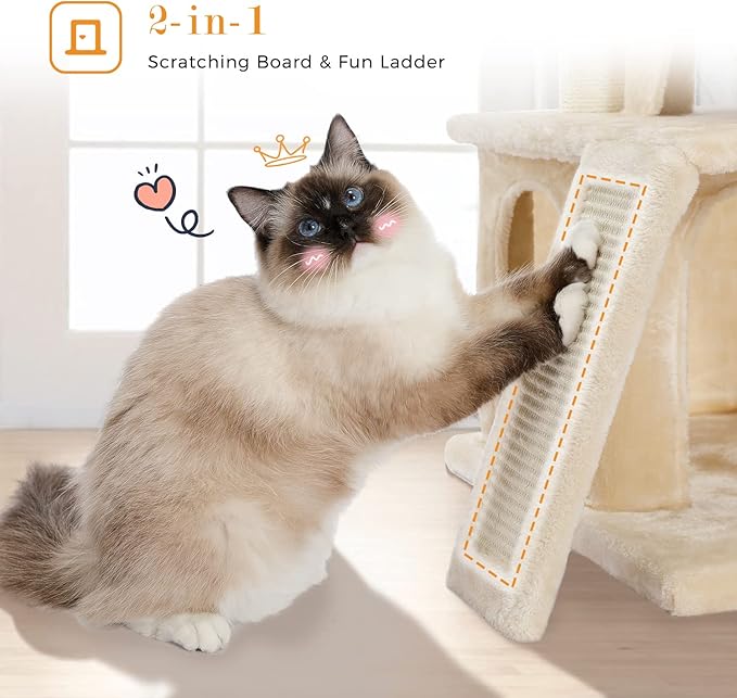 PAWZ Road Cat Tree Luxury Cat Tower with Double Condos, Spacious Perch, Fully Wrapped Scratching Sisal Posts and Replaceable Dangling Balls Beige-Mewly Pet