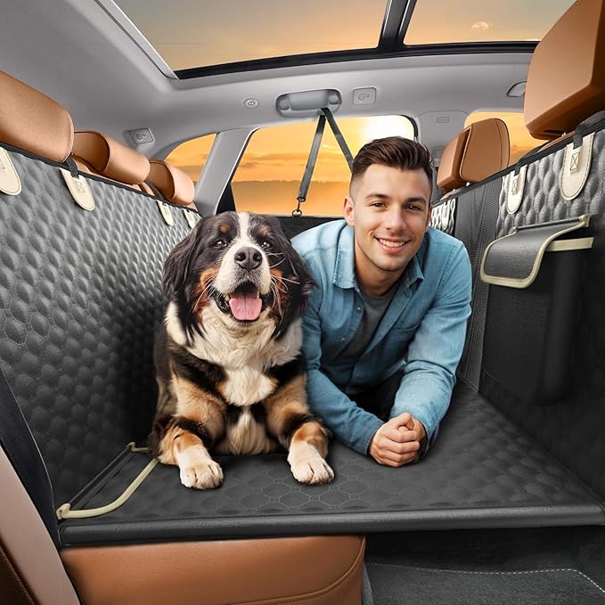 SHARLOVY Back Seat Extender for Dogs, Heavy Duty Dog Car Seat Cover for Back Seat and Aggressive Chewer, Large Hard Bottom Seat Cover for Dogs, Dog Hammock for Car, Travel Pet Bed for Car, SUV, Truck-Mewly Pet