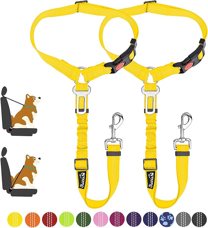 SlowTon Dog Seat Belt for Car, 2 Pack Dog Car Harness Seatbelt Adjustable with Elastic Bungee Buffer, 2 in 1 Pet Car Leash Headrest Restraint Dog Reflective Safety Tether (Yellow, Headrest+Clip)-Mewly Pet