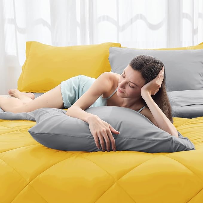 HEVUMYI Queen Comforter Set - 7-Piece All Season Bed in a Bag Queen, Ultra Soft Bedding Set with Comforter, Flat Sheet, Fitted Sheet, Pillowcases, Pillow Shams, Yellow & Light Grey