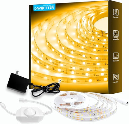 DAYBETTER Warm White LED Strip Light,16.4 ft Dimmable Bright Rope Light,3000K 12V LED Light Strip,Super Bright LED Tape Lights for Bedroom,Kitchen,Mirror,Home Decoration