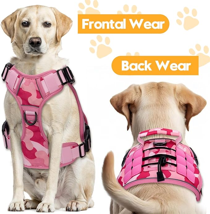 Heavy-Duty Tactical Dog Harness for Large Dogs, No Pull Adjustable Reflective Pet Vest with Molle System, K9 Military-Grade Control for Service Training, Outdoor & 10+ Breeds, Pink Camo, Small-Mewly Pet