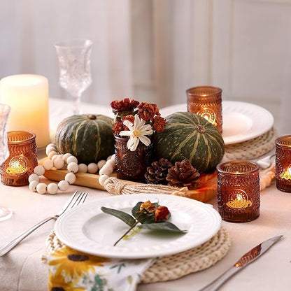 DEVI 24pcs Vintage Amber Votive Candle Holders, Amber Glass Tea Lights Candle Holder for Baby Shower, Boho Wedding Decorations, Vintage Boho Party Home Fall Centerpieces Table Decoration