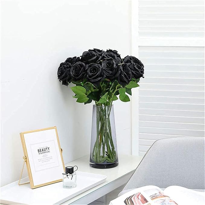 BLEUM CADE 50 Pcs Black Roses Artificial Flowers, Real Touch Velvet Roses Fake Flowers Bulk, Artificial Roses Bouquet with Long Stems Bridal DIY Wedding Party Centerpiece Decorations