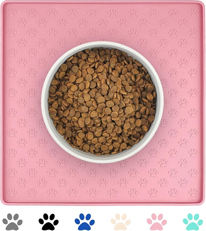 Ptlom Pet Placemat for Dog and Cat, Waterproof Non-Slip Silicone Feeding Bowl Mat Prevent Food and Water Overflow, Puppy Dish Feeder Fountain Trays Suitable for Medium and Small Pets, Pink-Mewly Pet