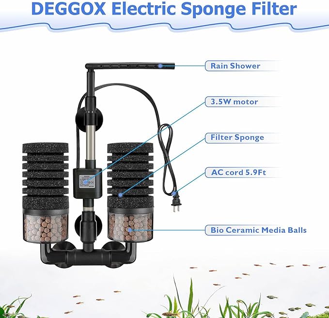 Aquarium Electric Sponge Filter with Submersible Water Pump Silence Motor for Shrimps,Bettas with Bio Ceramic Media Balls and 2 Spare Sponge,Venturi Nozzle and Rain Mode (S for 10-20 Gal)-Mewly Pet