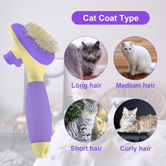 Cat Brush for Grooming and Shedding, Self-Cleaning Silicone Brush for Short and Long Haired Cats, Cat Gifts for Pet Lovers (purple)-Mewly Pet