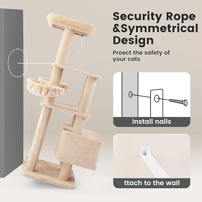 Gardner Pet 65in Heavy Duty Cat Tree Tower for Large Cats, Multi-Level Cat Furniture with Replaceable Sisal Scratching Post, Hammock | Extra-Large Platform & Condo (Upgraded Beige)-Mewly Pet