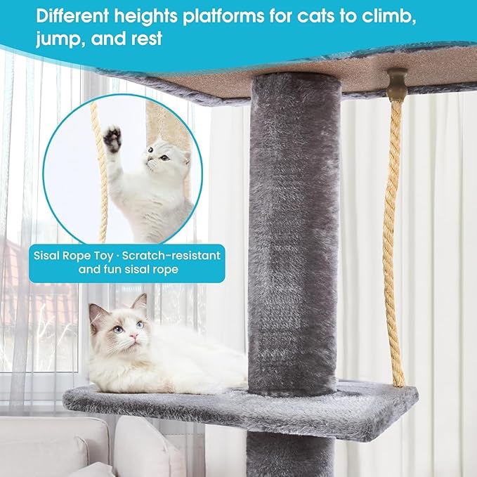Cat Tree 5-Tier Floor to Ceiling, 89-109 Inch Adjustable Height Cat Tower with Cozy Hammock, Cat Climbing Tree for Indoor Cats, Darkgrey-Mewly Pet
