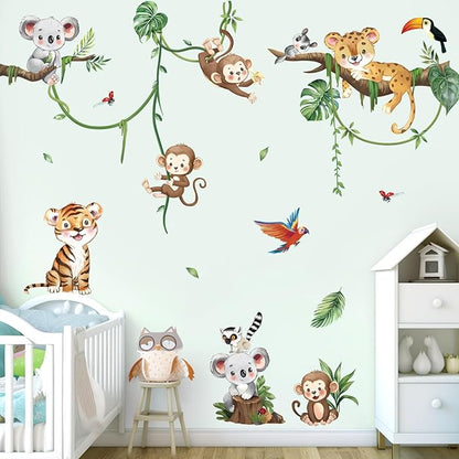 decalmile Jungle Animal Tree Branch Wall Decals Safari Animal Monkey Koala Wall Stickers Baby Nursery Kids Bedroom Living Room Wall Decor