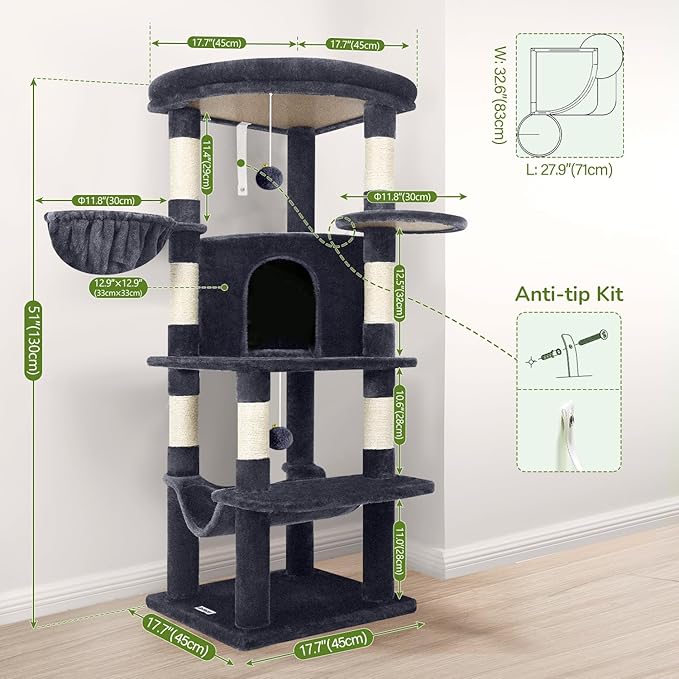 Globlazer Corner Cat Tree Tower for Indoor Cats, 51in Multi-Level Cat Condo Tower with Large Hammock, 7 Sisal Scratching Posts, Oversized Top Perch, Spacious Cat Cave, Hanging Basket, C51, Dark Grey-Mewly Pet