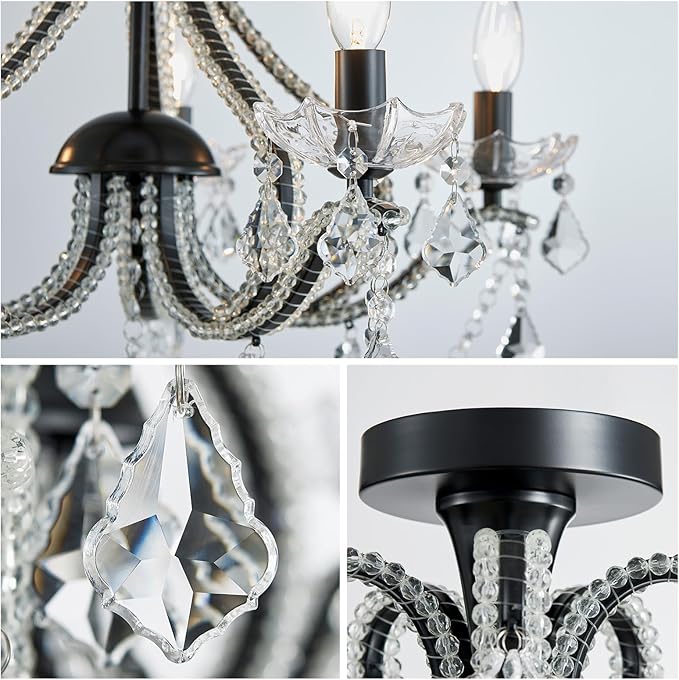 WUZUPS 5-Light Crystal Candle Chandelier Flushmount Ceiling Light Modern Lighting Fixture for Bedroom Hallway Bar Kitchen Bathroom, H 20.9" W 22", E12 Base, Black
