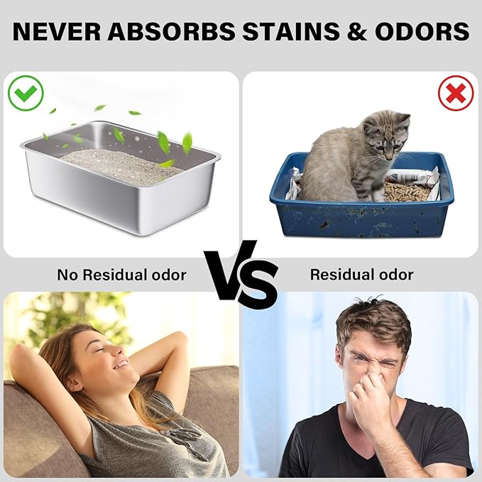 Stainless Steel Litter Box -Metal Litter Box for Big Cats,Large Stainless Steel Cat Box Easy to Clean, Cat LitterBox Pet Toilet-High Sided for Kitten,Kitty,Rabbits,Non Stick, No Smell-Mewly Pet