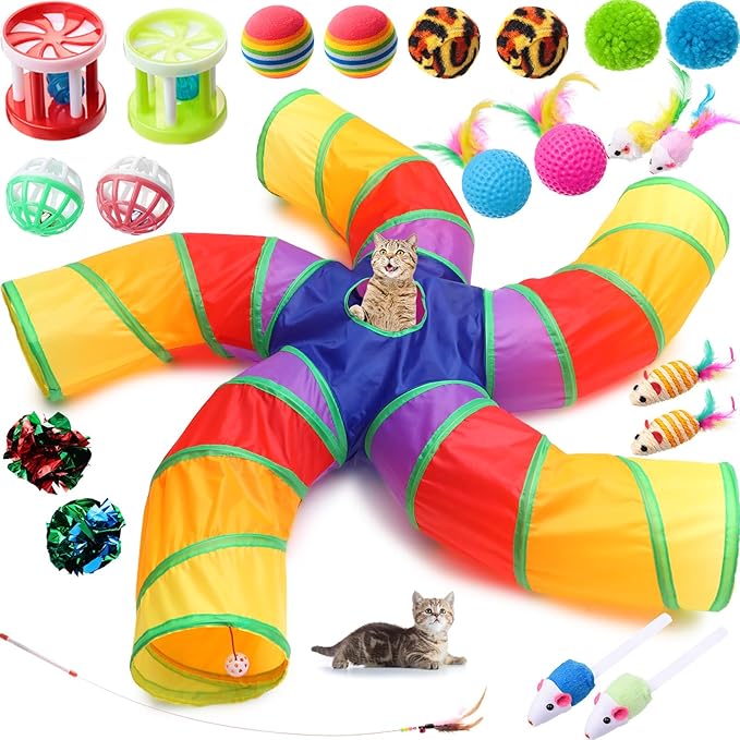 Poen 21 Pcs Cat Tunnel for Indoor Set Collapsible 5 Way Tubes with 20 Pcs Cat Kitten Toys Interactive Feather Toy Mouse Crinkle Balls Tube for Puppy Kitten Rabbit(Colorful)-Mewly Pet