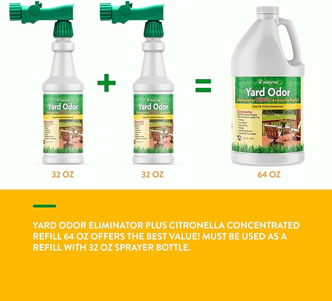 NaturVet – Yard Odor Eliminator Plus Citronella Spray – Eliminate Stool and Urine Odors from Lawn and Yard – Designed for Use on Grass, Patios, Gravel, Concrete & More – 64oz Refill (No Hose Nozzle)-Mewly Pet