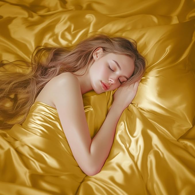 Love's cabin Twin Satin Sheets Sets - 3 Piece Gold Silky Bed Sheets with Deep Pockets, Luxury Silk Feel Satin Twin Size Sheet Set Bedding Set (1 Flat Sheet,1 Fitted Sheet,1 Pillow case)
